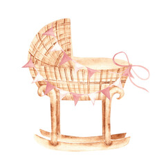 Baby Girl cradle from rattan with Bunting Party Flags, pink Garland in Vintage style isolated on a white background. Hand drawn Watercolor Crib illustration in eco style. Children's accessory for