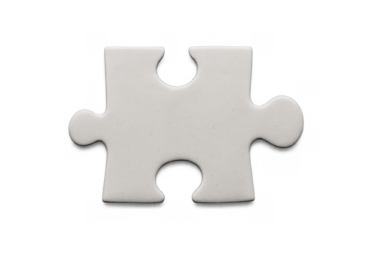 White puzzle piece on a transparent background, symbolizing problem-solving, strategy, and connection
