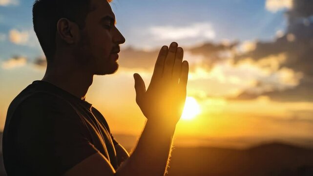 Young adult man praying with hands together at sunset for hope and gratitude in beautiful natural outdoor environment with sunlight and clouds.