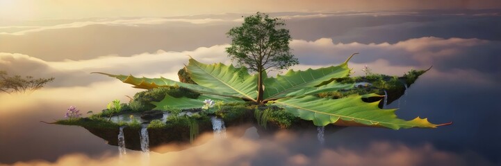 Bioluminescent floating leaf island with waterfalls and ancient tree – Suitable for surreal landscapes, fantasy media, or nature imagination themes