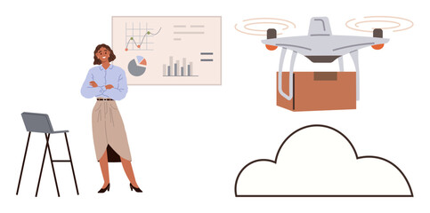 Woman standing near chair analyzing charts, drone delivering package above cloud icon. Ideal for technology, logistics, innovation, delivery service, presentation, analytics, futuristic concepts