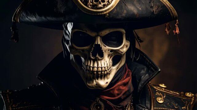 Dramatic pirate skeleton wearing a tricorn hat and weathered coat with ornate details in dark lighting, mysterious and stylized appearance
