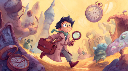 storybook illustration of a kid detective time