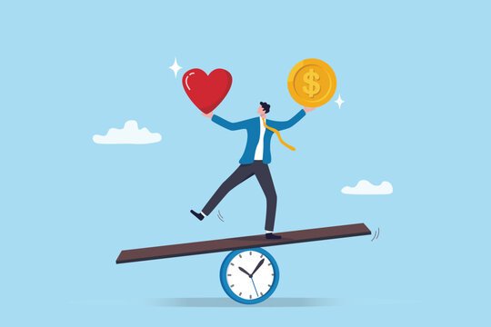 Career decision choose between passion or money, compensation salary or happiness alternative, occupation or achievement option, businessman balance between money coin and heart shape passion.