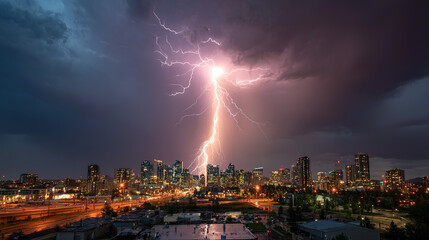 Fototapeta premium Dramatic Lightning Storm Over City Skyline: Electrifying Night Scene with Thunderous Skies & Illuminated Towers.