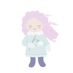 Springtime illustration of a girl smiling and holding snowdrop. This kind illustration with cute character child in soft pastel colors.