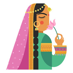 Cultural colorful Indian girl with lotus flower vector with traditional dress