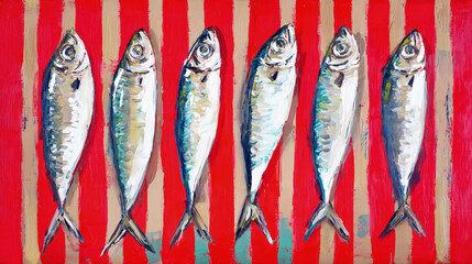 Colorful abstract painting of six fish in a row on vibrant red and beige striped background, combining realism with bold expressive brushstrokes.