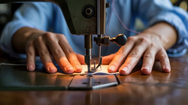 Hands of an adult asian male sewing fabric on a vintage machine - Powered by Adobe