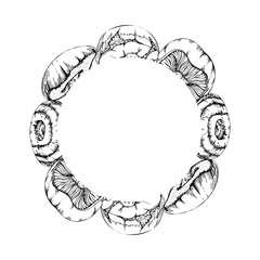 Bolete cep russula suillus mushroom fungi, autumn forest harvest, edible ingredient for vegan cooking. Copy space wreath frame hand drawn in vector ink. Menu list accents, home preserves labels tags