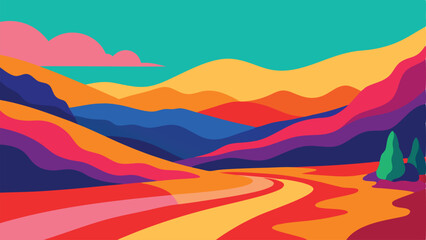 Colorful abstract landscape with mountains and winding road graphic design perfect for modern artwork.