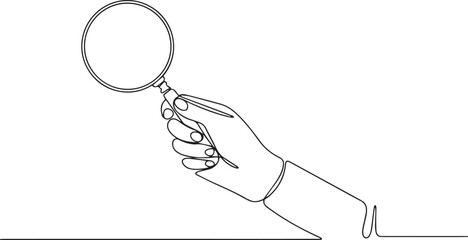 Continuous single line drawing of a hand holding a magnifying glass with chain, minimalist black and white sketch illustration

