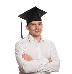 Happy student with crossed arms after graduation on white background