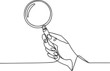 Continuous single line drawing of a hand holding a magnifying glass with chain, minimalist black and white sketch illustration

