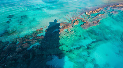 An aerial view of a clear blue tropical ocean with coral reefs, a distant island, and summer beach waves, perfect for travel and snorkeling vacations