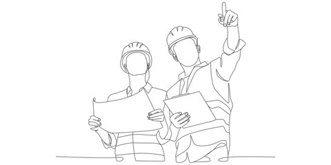 Construction Professionals Analyzing Blueprint – Minimalist Continuous‑Line Engineering Illustration