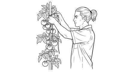 Gardener tying tomato plants to a support pole with focused expression for farming and gardening