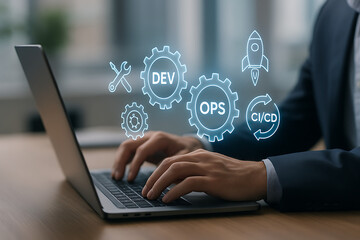 Person Working on Laptop with Floating DevOps Icons – CI/CD, Deployment, and Development Tools Visualization,DevOps, CI/CD, software deployment, continuous integration, development operations, 

