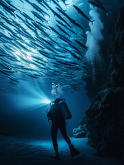 Obraz premium Scuba diver exploring the depths and observing a school of fish