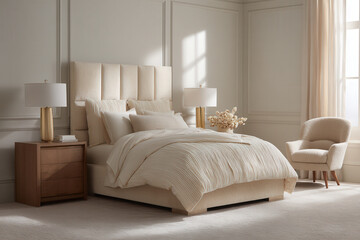 serene bedroom featuring standout textile piece in neutral palette