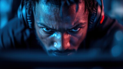 A focused gamer intensely staring at a monitor, headphones on, fully immersed in the gaming experience, showcasing passion, concentration, and competitive spirit.