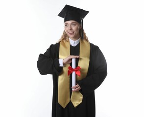 Happy student with diploma after graduation on white background