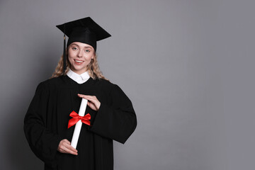 Happy student with diploma after graduation on grey background. Space for text
