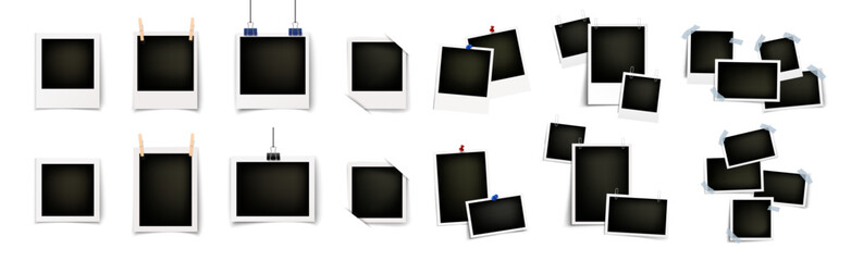 Realistic polaroid photo frame set, vintage card mockup collection, empty photo templates with shadow and adhesive tape, isolated on white background