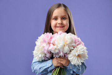 Fototapeta premium Cute little girl with bouquet of beautiful peonies on purple background