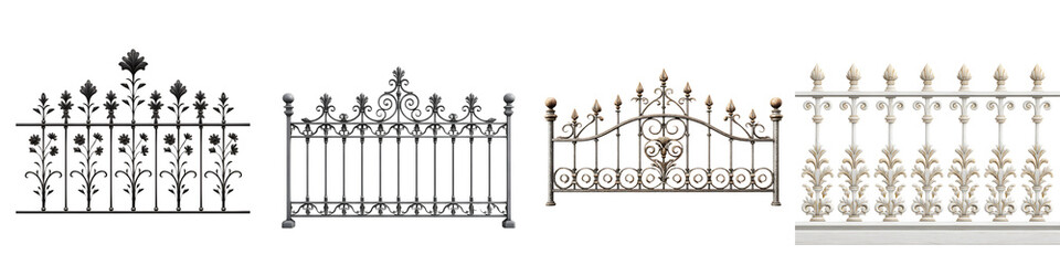 Wrought Iron Fence Collection, Decorative Metal Fencing on White Background