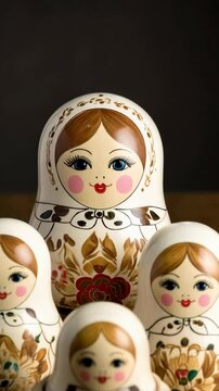 Arrangement of hand-painted nested Matryoshka dolls with painted faces and floral designs on a neutral background.