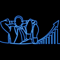 Happy Businessman with Feet on Desk and Rising Graph Success, Profit, and Confidence icon neon glow vector illustration concept