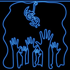 Financial Temptation Concept Hands Reaching for Dollar Hook icon neon glow vector illustration concept