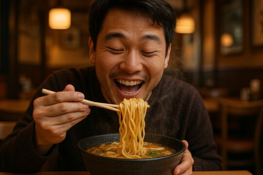 Man enjoying a steaming bowl of ramen in a cozy restaurant setting during dinner time