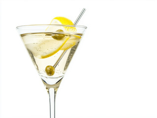 Martini cocktail with green olives and lemon slice on white background