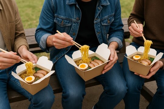 Friends enjoying flavorful ramen in takeout containers during a sunny afternoon in a park setting