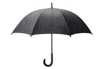 Classic black umbrella with raindrops on its surface, isolated on a transparent background, offering protection from a downpour