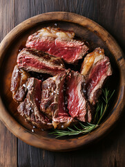 Sliced grilled medium rare steak with rosemary on wooden plate