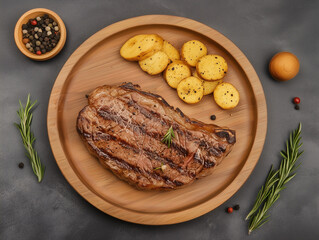Grilled striploin steak with roasted potatoes and rosemary
