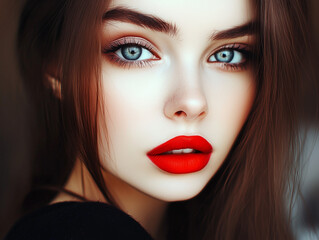 Beautiful young woman with red lipstick and blue eyes showing confidence