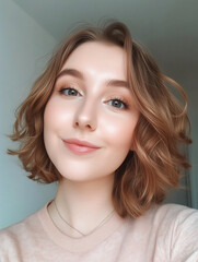Young woman smiling and showing her make-up in a selfie