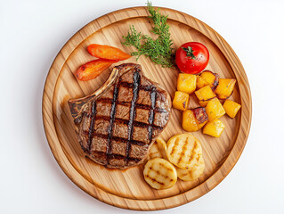 Grilled t-bone steak with roasted potatoes, tomato and bell pepper on wooden plate