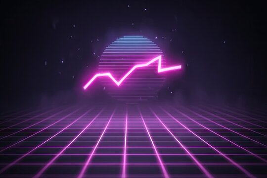 Retro futuristic graphic with glowing pink line graph and sunburst