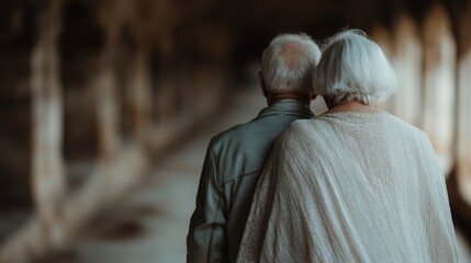 A touching scene showcasing an elderly couple strolling closely together in a peaceful environment, symbolizing love and companionship through the years.