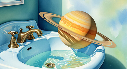 A surreal illustration of Saturn in a bathroom sink with gold faucets.