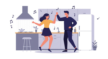 Vector image of a couple dancing in the kitchen to music