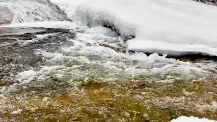 A picturesque scene of a clear stream flowing beneath melting snow, showcasing natures winter beauty
