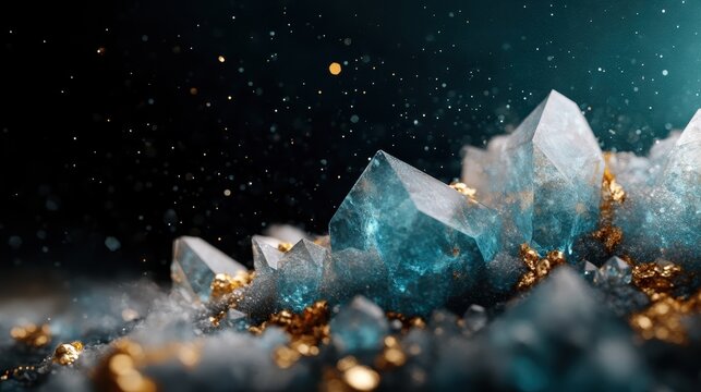 A stunning close-up of glimmering blue crystals nestled among shimmering gold flecks against a dark background, showcasing a mesmerizing natural beauty and luxury. - Powered by Adobe