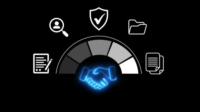 Procurement digital interface with handshake icon on businessman hand on the transparent background. symbolizing contract agreement, document workflow. 4k video animation.