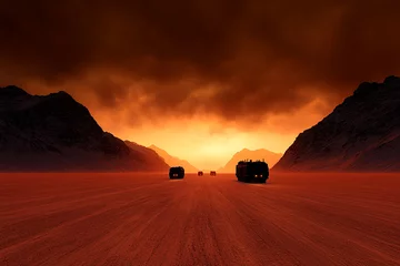Fototapeten Vehicles driving through a striking desert landscape at sunset © pavlofox